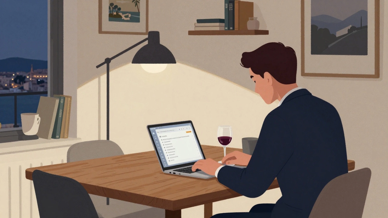 A person sits in a softly lit Marseille apartment, reviewing a secure messaging app on a laptop with a glass of wine nearby.