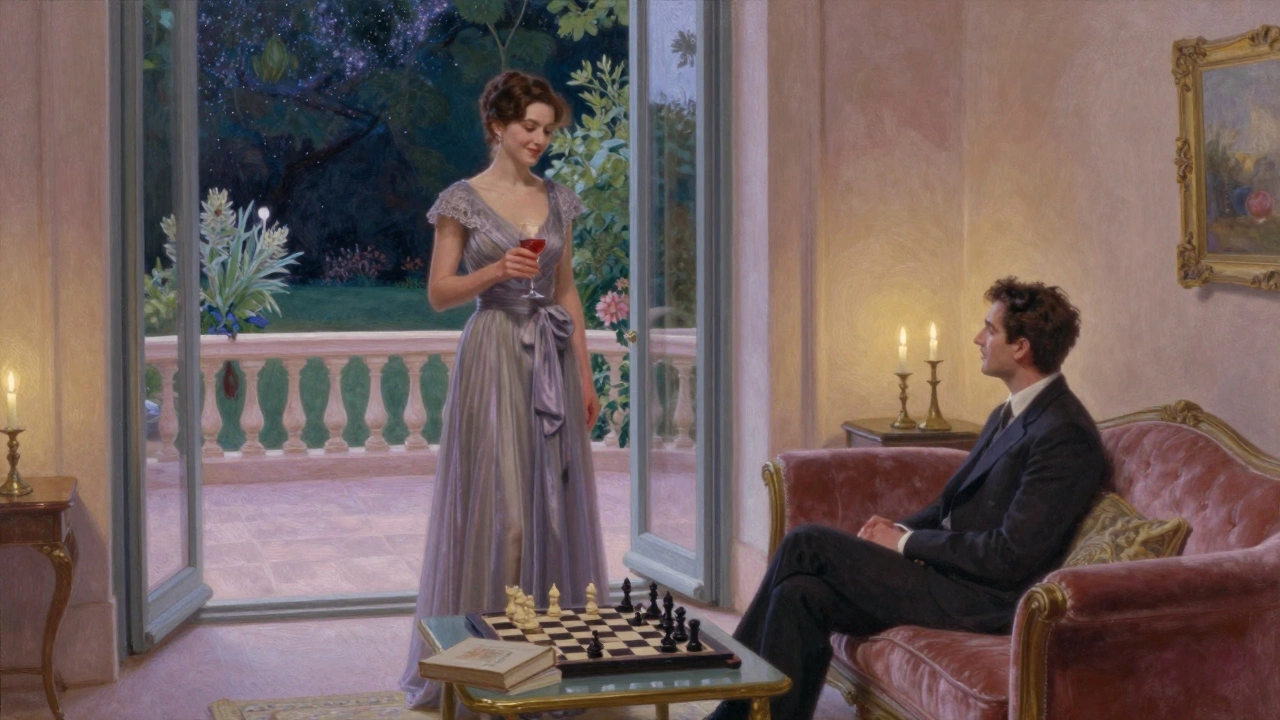 A woman and man in a candlelit villa terrace, engaged in thoughtful conversation over wine and art books.