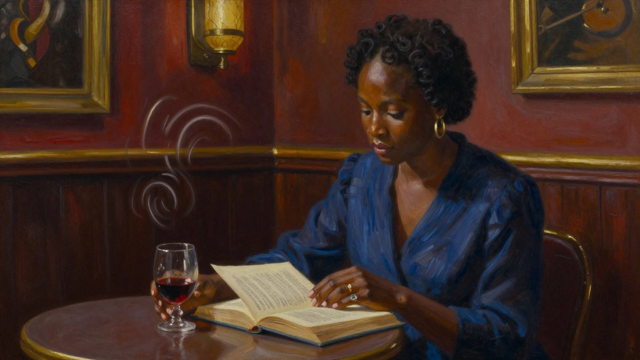 A woman sits in a cozy jazz bar, reading poetry with a glass of wine, soft lighting highlighting her calm presence.