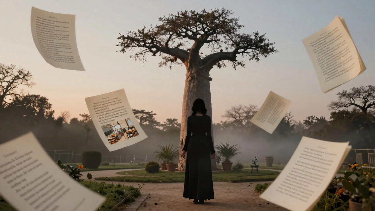 A woman stands in Luxembourg Gardens, her form merging with an African tree as floating poems drift in the mist.
