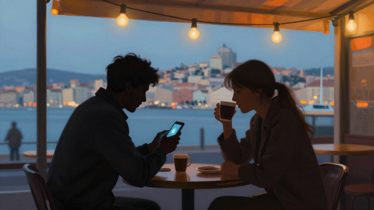 Two silhouettes meet briefly at a café terrace in Marseille, one with a phone showing a secure app, symbolizing cautious human connection.